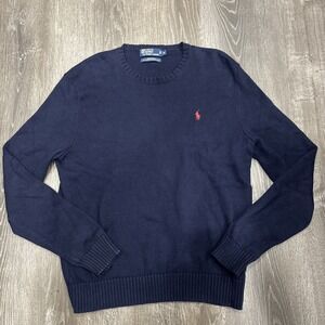 Vintage Polo Ralph Lauren Sweater Mens M Navy 100% Cotton Knit Crewneck Pony